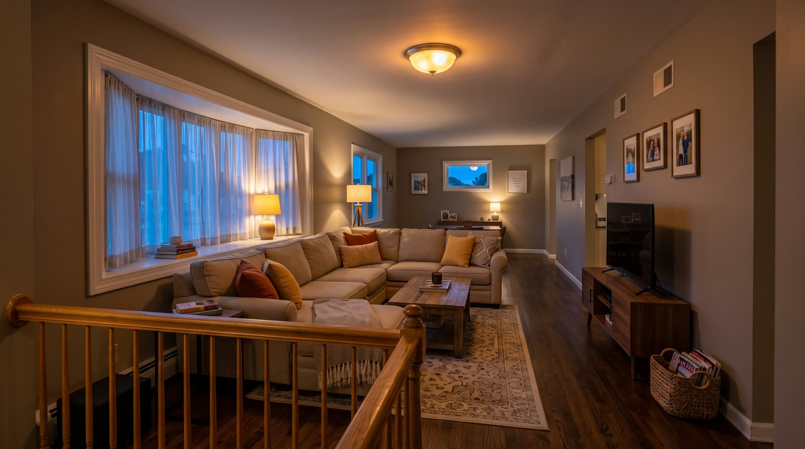 Upper-level living room with glowing bay window