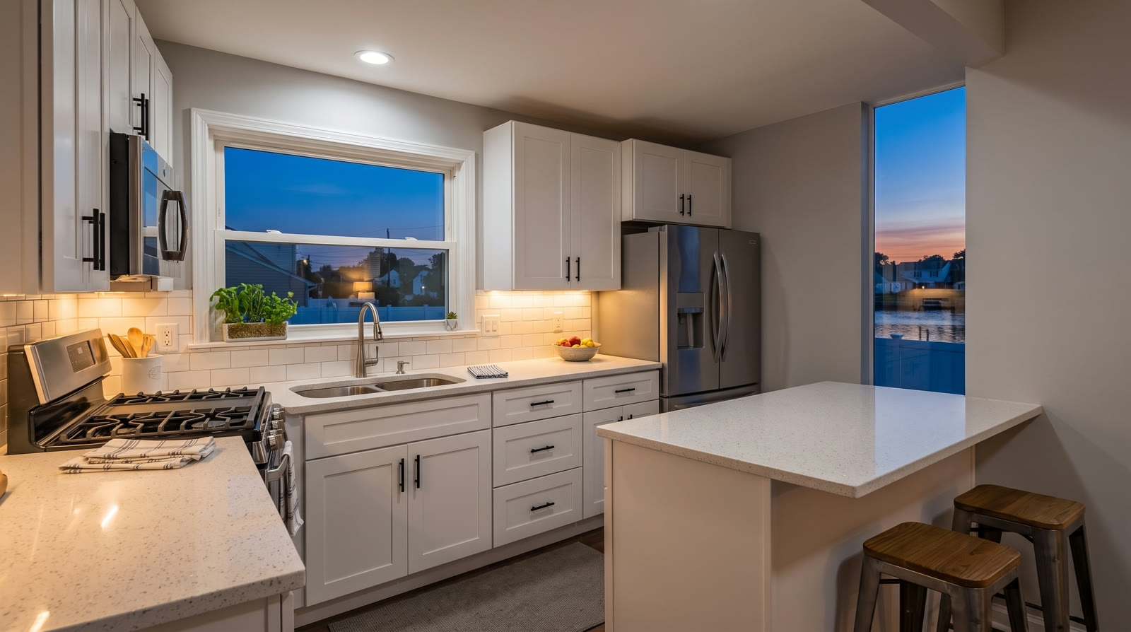 Renovated white kitchen at dusk