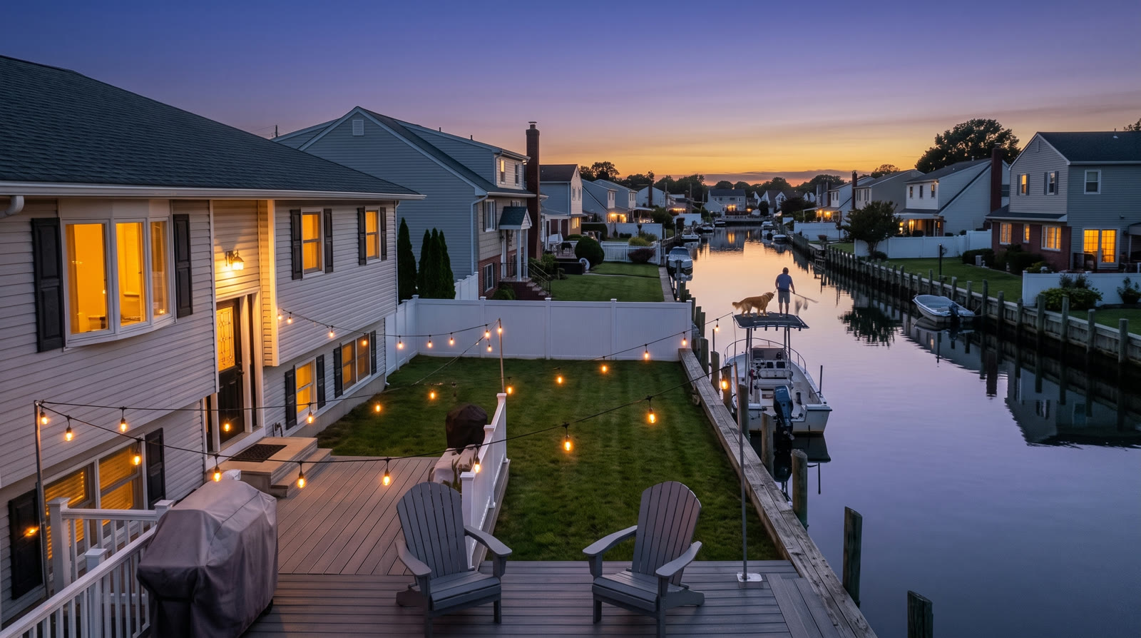 Back deck, string lights and the canal at dusk